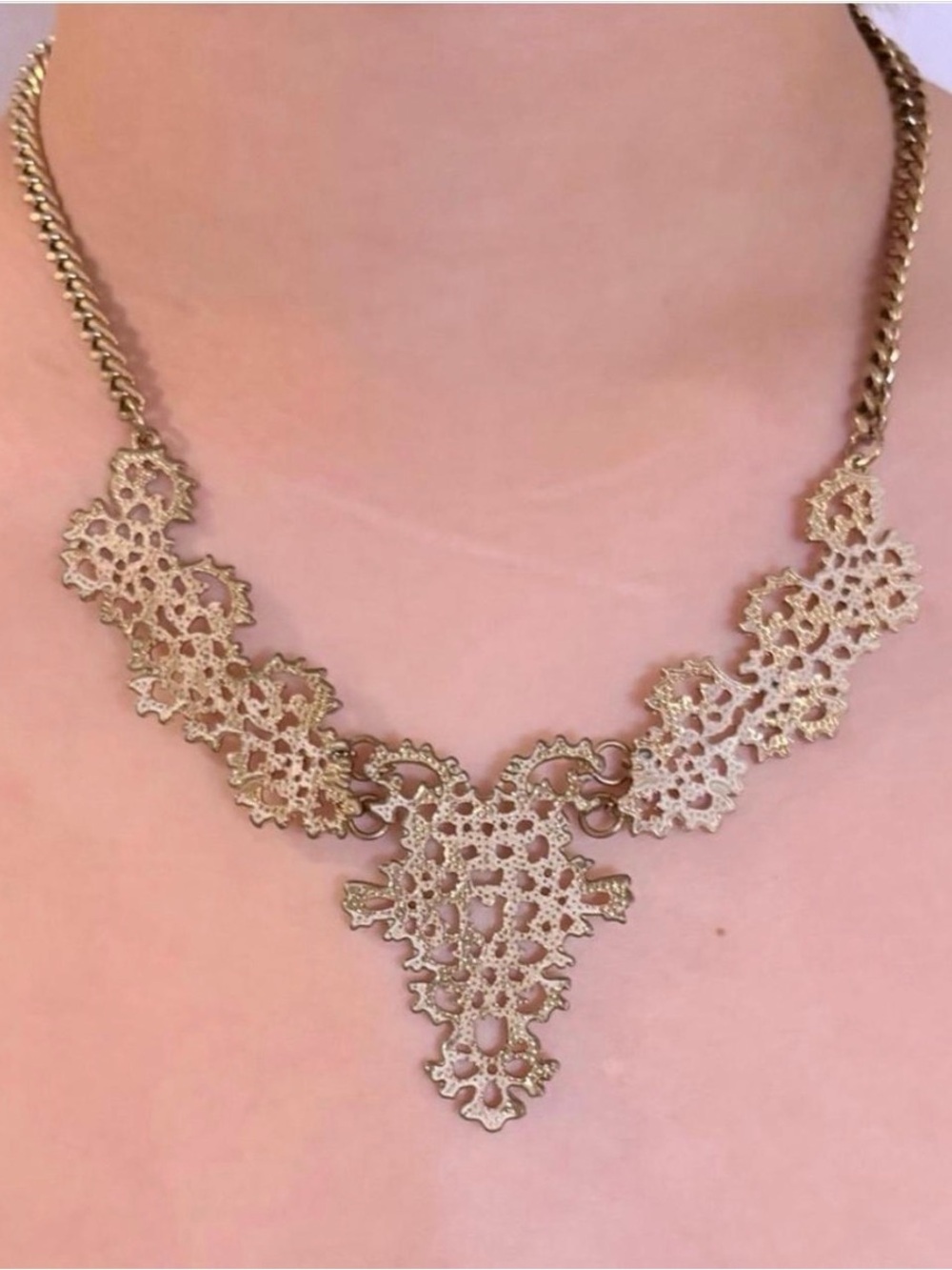 Vintage Antique Gold Lace Filigree Statement Necklace, 16 in + 2.5 in extender